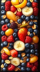 A Colorful and Detailed Still Life of Fresh Fruits and Cereal