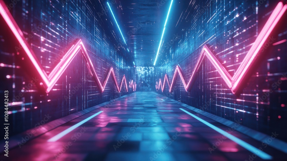 Poster abstract glowing digital arrows on blue background with mock up place. digital transformation, growt