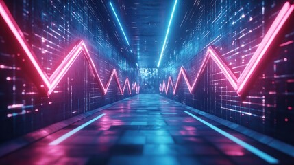 Abstract glowing digital arrows on blue background with mock up place. Digital transformation, growth and data concept. Landing page. 3D Rendering