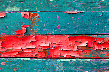 Texture wooden background of old wooden painted multicolor texture planks with peeling paint of...