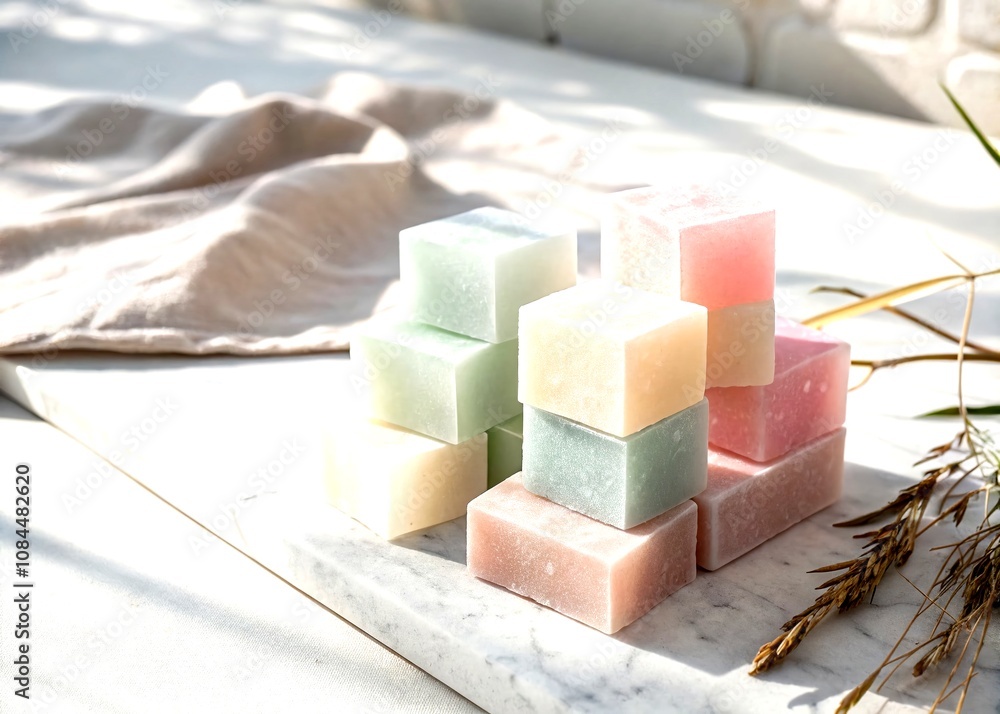 Poster minimalist 3d design showcasing overlapping translucent blocks in soft pastel colors for a calming a