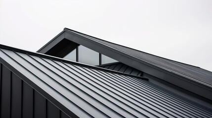 A close-up of the roof showing its sleek lines of a gray metal roof
