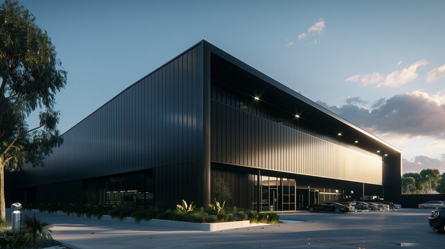 Black fluted alucobond cladding on the side of an industrial building