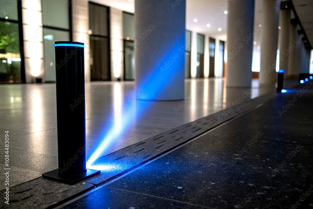 Poster minimalist design with a single blue beam on smooth black surface captured in bokeh effect for abstr