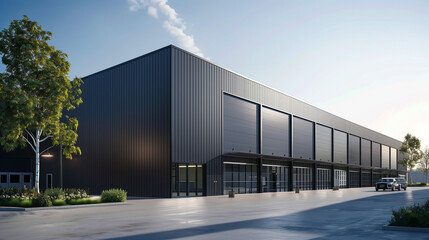 Black fluted alucobond cladding on the side of an industrial building