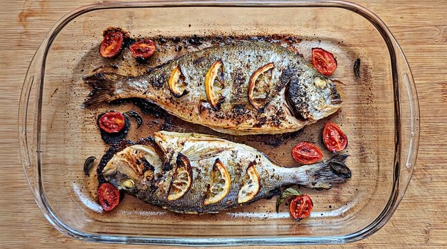 Oven roasted whole dorado fish with lemon slices and cherry tomatoes in glass baking dish on wooden background