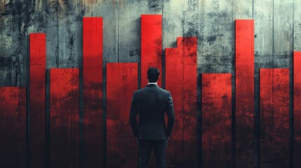 Businessman on red chart bars on concrete wall background. Crisis, business and growth concept
