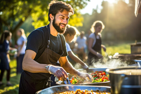 Young man in apron prepares food for a large group, with cheerful volunteers assisting him in sunny park setting. Concept of community initiatives, volunteer cooking to support the homeless and needy