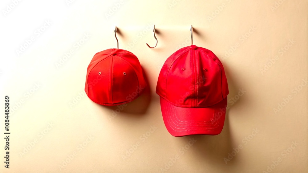 Poster minimalist photography of a red baseball cap hanging on a hook against a soft neutral background, hi