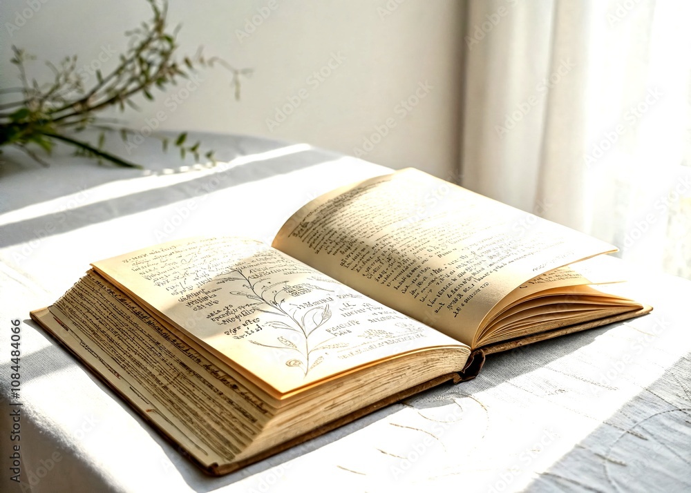 Poster minimalist photography of an open old book with delicate sketches on pages, showcasing timeless know