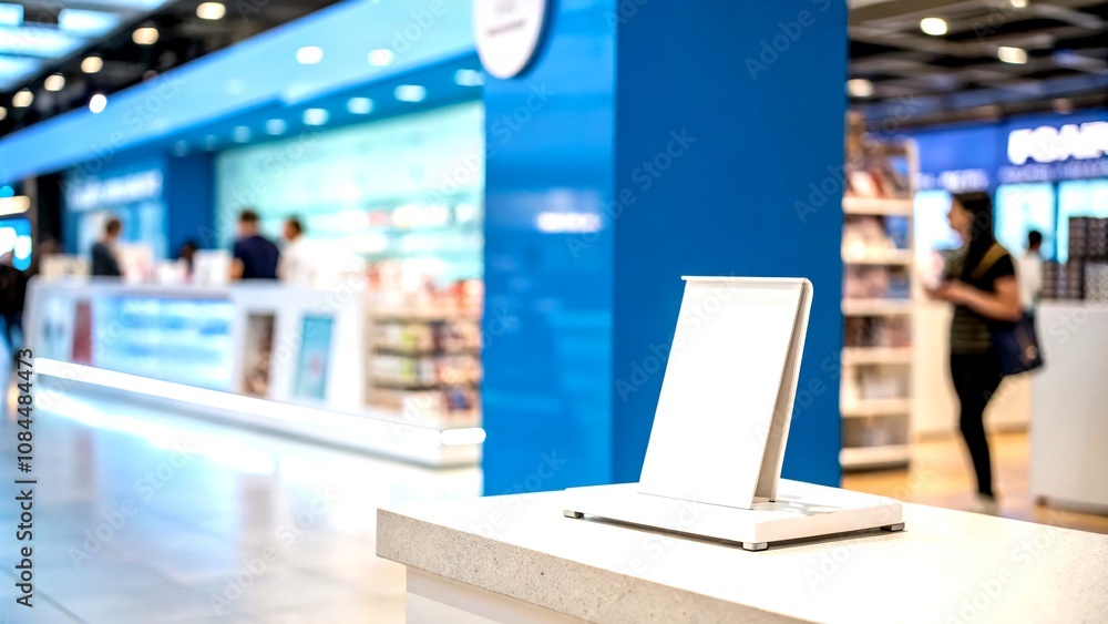 Poster minimalist product display stand on a vibrant blue background with tilt-shift effect for modern mark