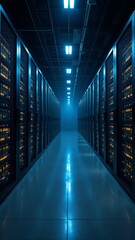 Exploring the futuristic technology of a data center illuminated by soft blue lights at night
