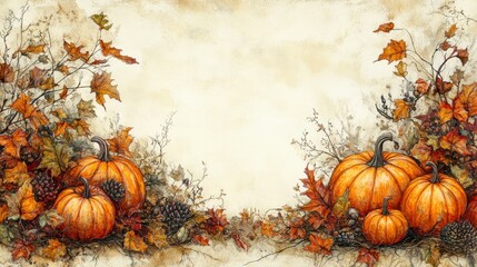 Autumnal Pumpkins and Leaves: A Fall Harvest Still Life