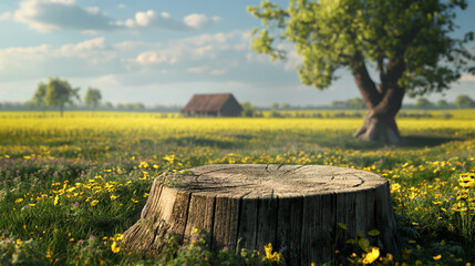 3D background for product presentation green field with stump