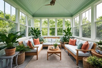 Naklejka premium Sunroom Interior Design Ideas with Abundant Greenery and Cozy Lounges in a Bright Space