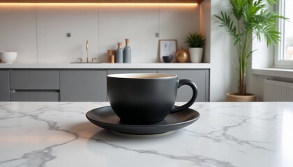 Obraz premium Stylish empty black coffee cup on a marble countertop in a modern kitchen setting