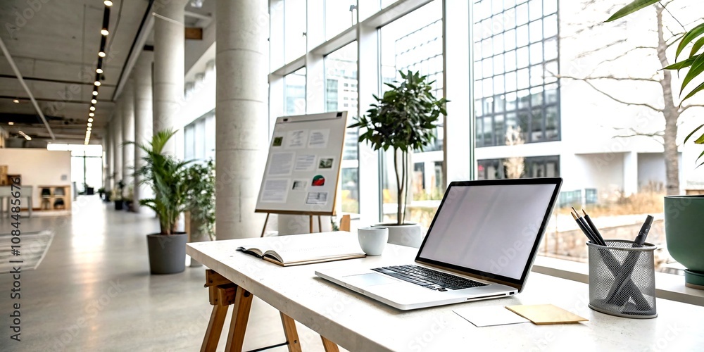 Poster modern architectural photography of a minimalist workspace featuring a laptop with a blank screen fo