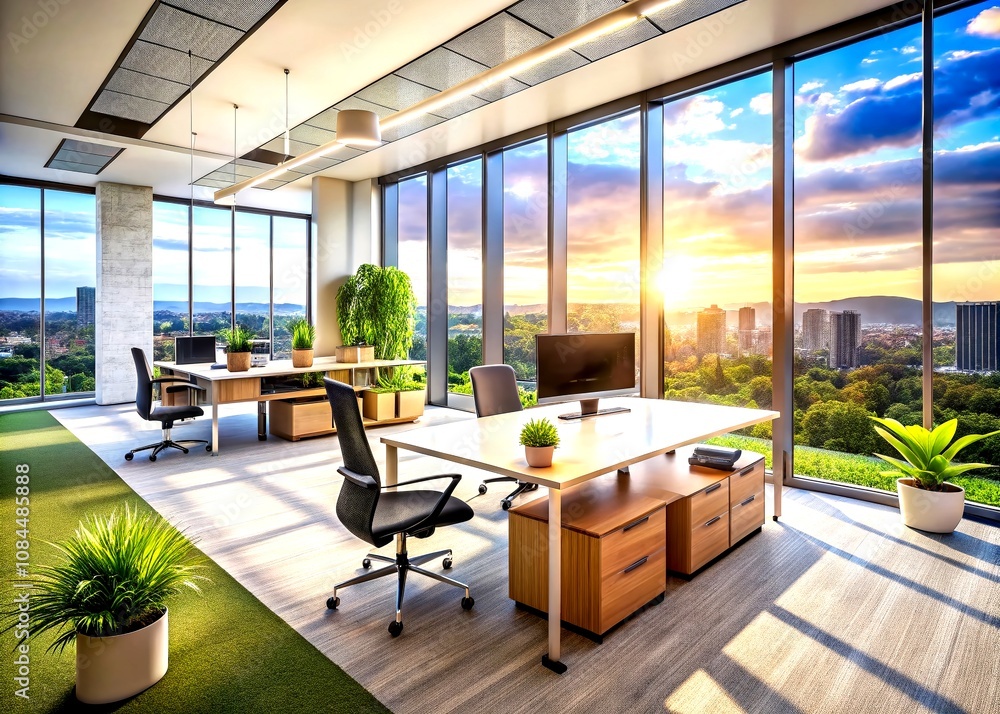 Poster modern business presentation background in a blurred empty open space office setting for finance and