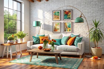 Cozy modern living room, bright natural light, white brick wall, large windows, wooden beams, gray sofa, colorful throw pillows, rustic coffee table, potted plants, framed artwork, green floor lamp, t