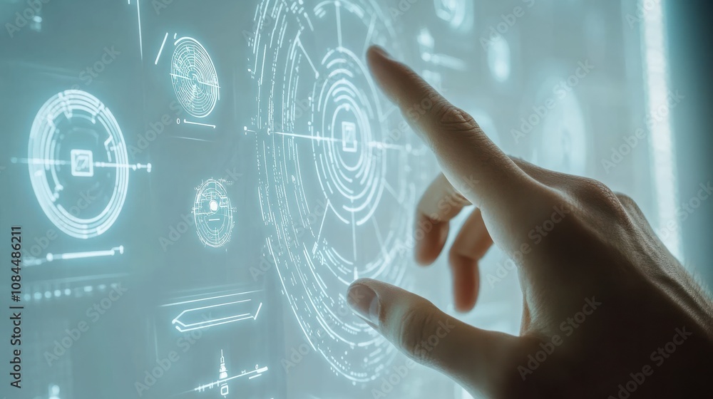 Poster a hand interacts with holographic security and data icons on a white background, representing cyber 