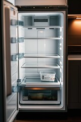 Obraz premium Empty refrigerator with a single container in a modern kitchen illuminated at night