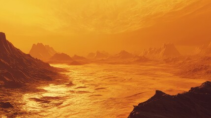 Golden hour on a distant planet.  Rugged mountains meet a shimmering, orange sea under a fiery sky.