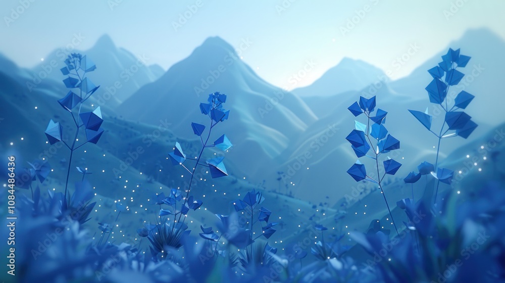 Poster a field of blue flowers with a hazy mountain range in the background, rendered in a low-poly style.