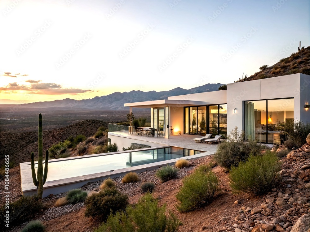 Poster modern minimalist house on a desert ridge with an inviting pool surrounded by stunning views and a s