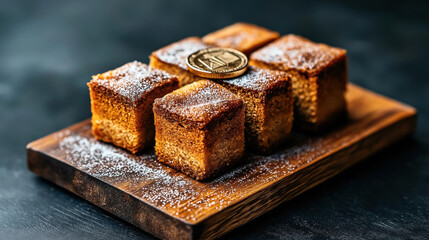 Close-up of six square pieces of cake dusted with powdered sugar, displayed on a wooden board with a gold coin placed on top.
