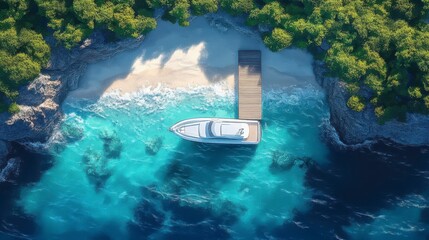 Breathtaking Aerial View of a Tropical Island Paradise with a Luxury Yacht Docked at a Picturesque Beach