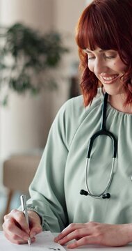 Woman, doctor and happy with writing prescription for patient medication and treatment. Female person, office and smile or satisfied with with notebook or sick note for diagnosis, pills and cure