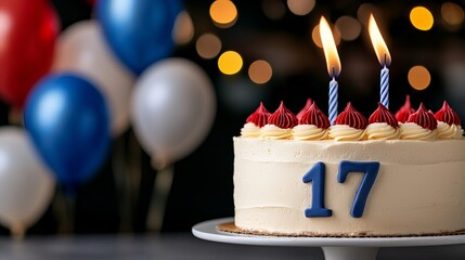 A delicious birthday cake celebrating a 17th birthday, adorned with two candles and red icing.