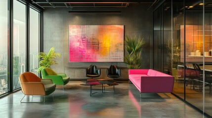 Contemporary Lounge with Neon Pink and Green Accents