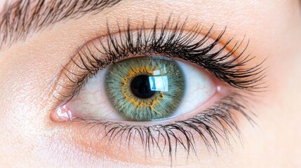 Obraz premium Close-up of a Beautiful Green Iris with Intricate Patterns and Long, Defined Eyelashes Highlighting the Unique Features of the Human Eye in Natural Light