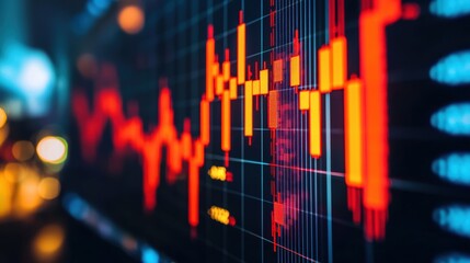 Obraz premium A Close-Up View of a Financial Stock Market Graph Displaying Fluctuating Trends with Red and Green Candlesticks Representing Price Movements in Real-Time Analysis