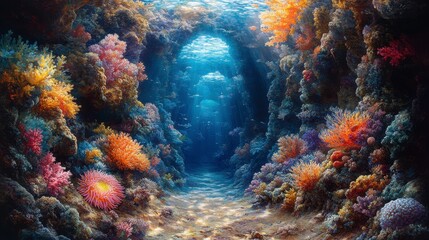 Fototapeta premium Stunning Underwater Coral Reef Pathway - A Colorful Dive into the Ocean Depths