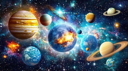 Stunning Cosmic Landscape Featuring Planets, Stars, and Nebulae in Vibrant Colors Against a Deep Space Background