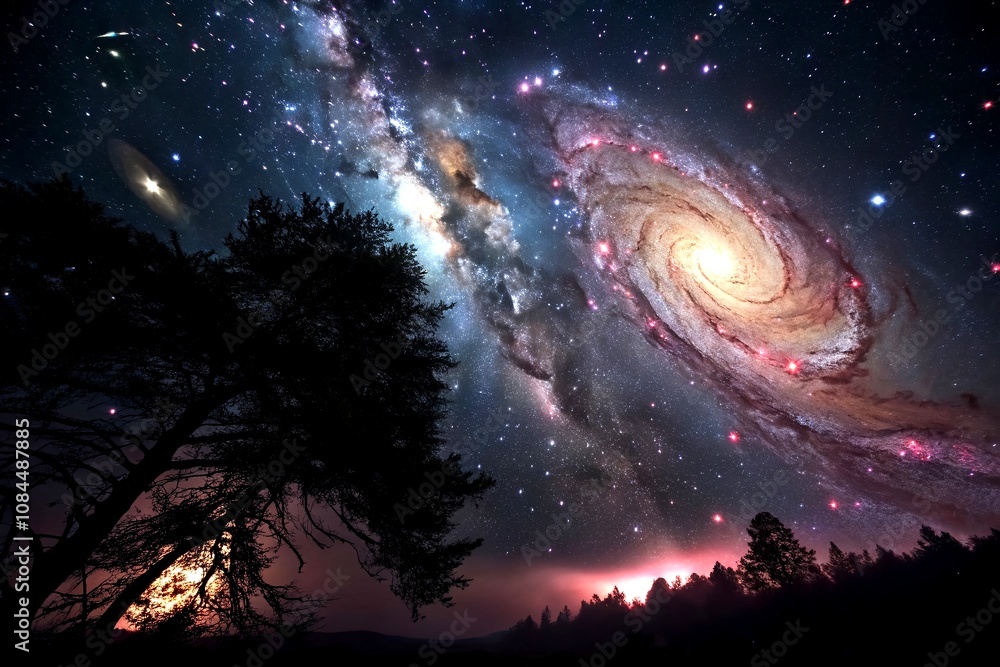 Poster mystical vortex in space with glowing stars and nebulae, cosmic swirl of light and color creating a 