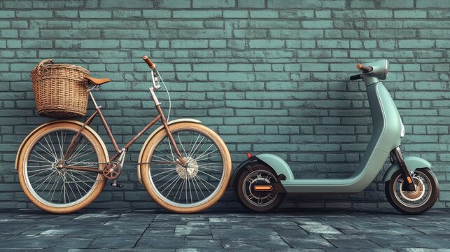 A vintage bicycle with a wicker basket sits next to a modern electric scooter, representing past and present modes of transportation. old vs new generation