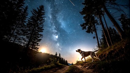 Night Adventure: A Curious Dog Exploring the Mysteries of the Moonlit Wilderness, Capturing the Essence of Canine Curiosity and Outdoor Exploration in Stunning Night Photography