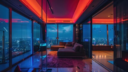Modern Luxury Interior of a High-Rise Apartment Overlooking City Lights at Night with Ambient Lighting and Contemporary Design Elements