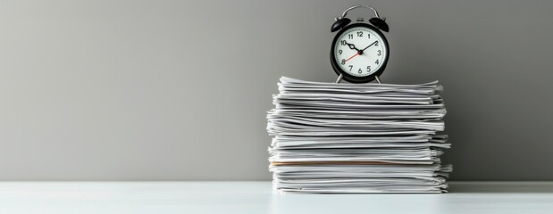Generated imageA clock on top of a stack of paperwork symbolizes time management and organization in the office