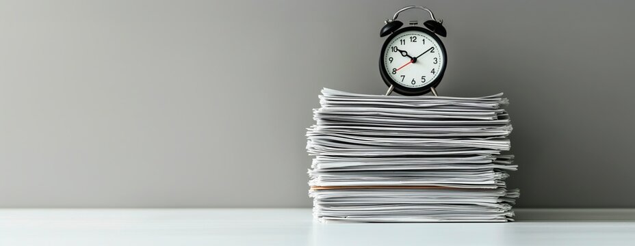 Generated imageA clock on top of a stack of paperwork symbolizes time management and organization in the office