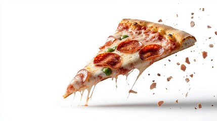 A delicious and tasty slice of pepperoni pizza soaring on a white background creating a dynamic effect for food lovers and culinary enthusiasts