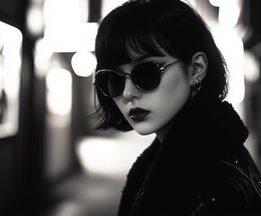Stylish black and white portrait of a woman wearing sunglasses in an urban setting with dramatic lighting and mysterious atmosphere