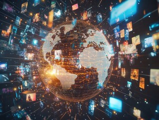 Abstract digital globe with global network connections and images of media content floating around it, representing the world's interconnectedness in modern communication technology Generative AI