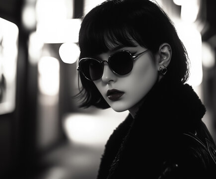 Stylish black and white portrait of a woman wearing sunglasses in an urban setting with dramatic lighting and mysterious atmosphere