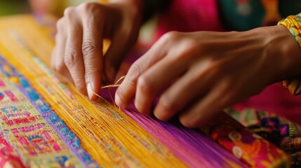 Creating intricate designs with vibrant threads in weaving