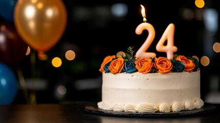 A beautiful cake adorned with orange and blue roses, celebrating a 24th birthday with a lit candle.
