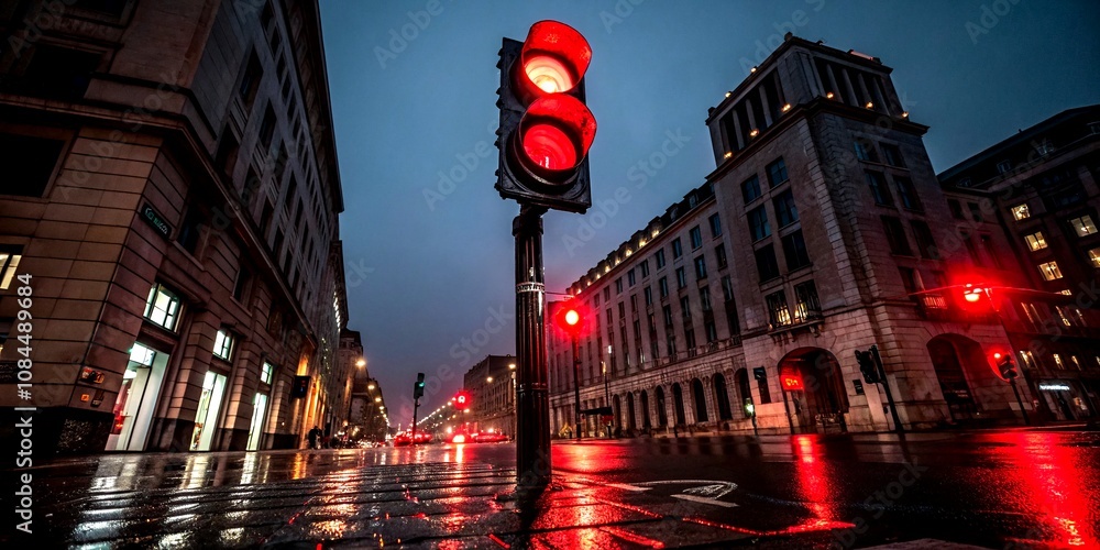 Aufkleber nighttime architectural photography of a traffic light displaying red warning color to indicate stop